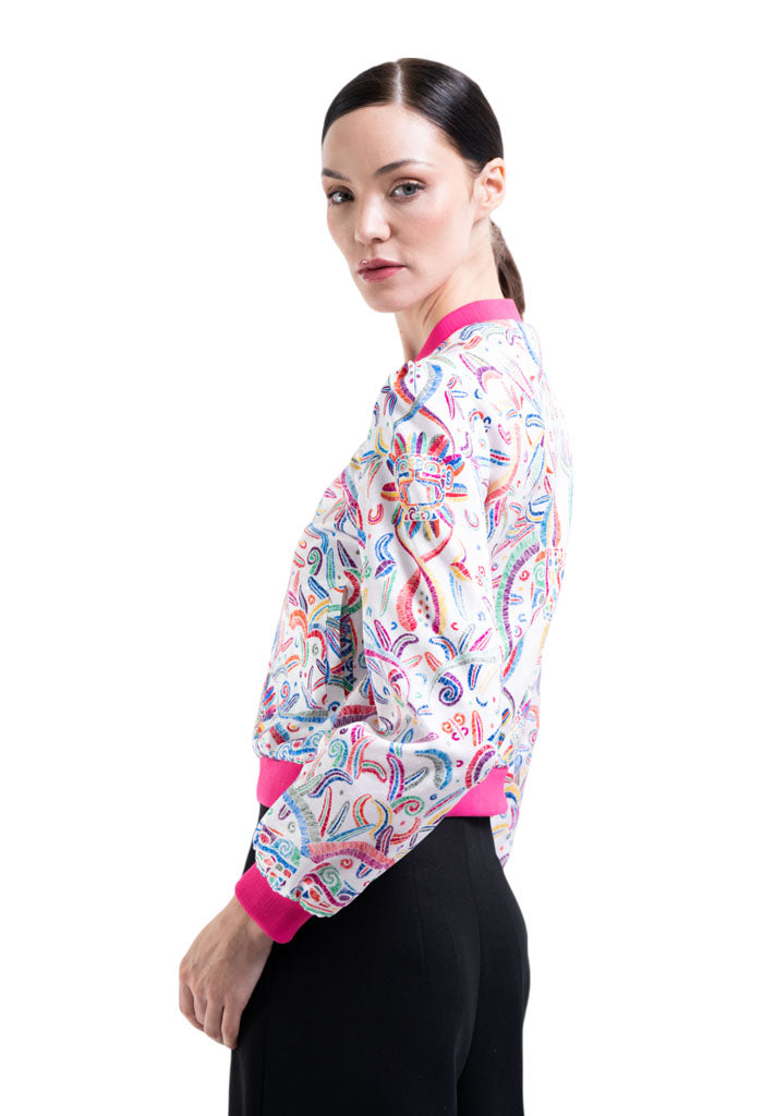 Bomber AKENBA Seda Jacquard Quetzalcóatl Blanco