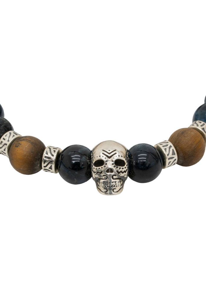Pulsera Calavera Plata con Ojo de Tigre Azul 21 cm