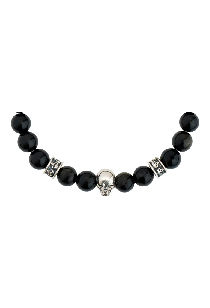 Pulsera Obsidiana Dije Calavera Plata