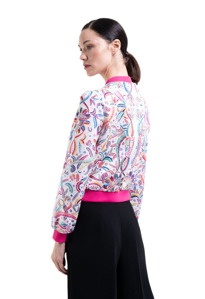 Bomber AKENBA Seda Jacquard Quetzalcóatl Blanco