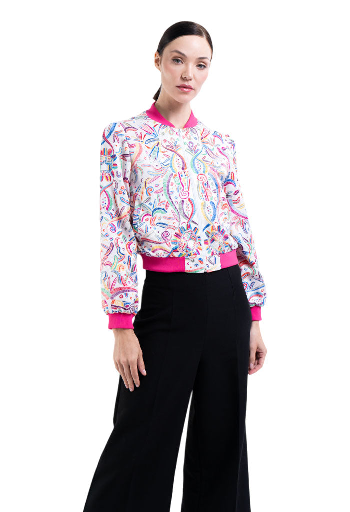 Bomber AKENBA Seda Jacquard Quetzalcóatl Blanco