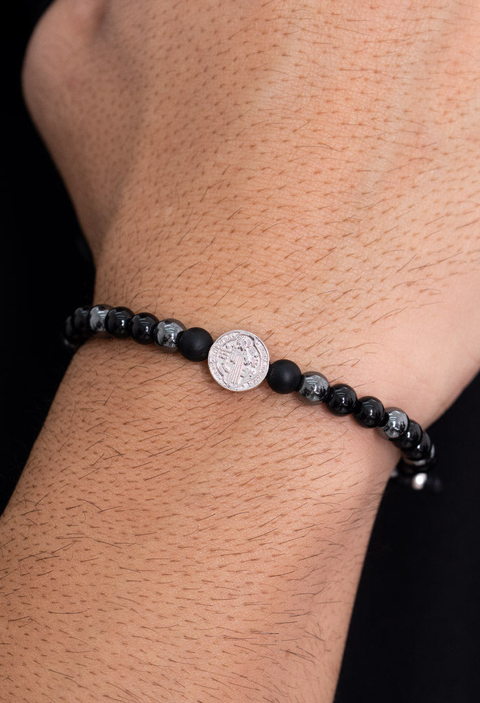 Pulsera San Benito Onix Hematita Baño Rodio
