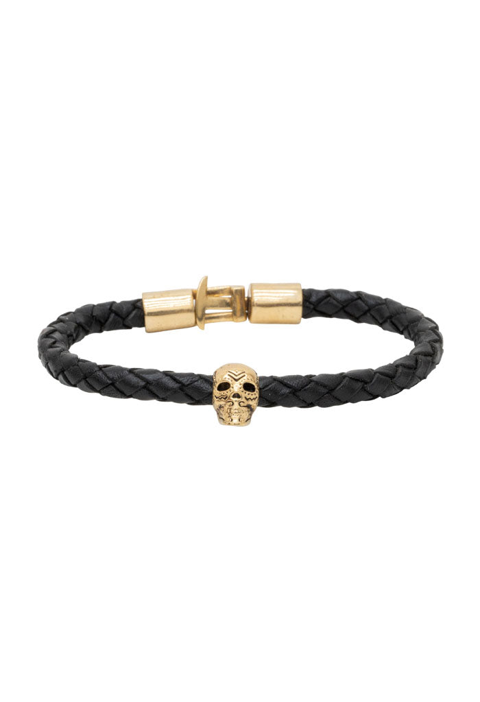 Pulsera Piel Dije Calavera Dorada