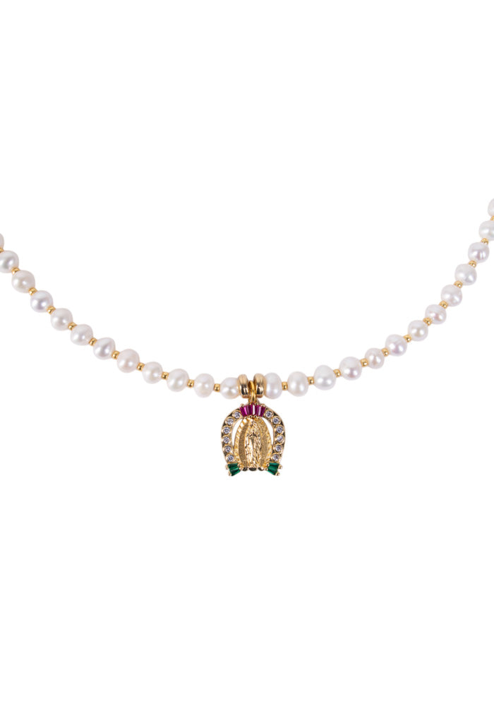 Collar Perlas Dije Virgen Y Cristales
