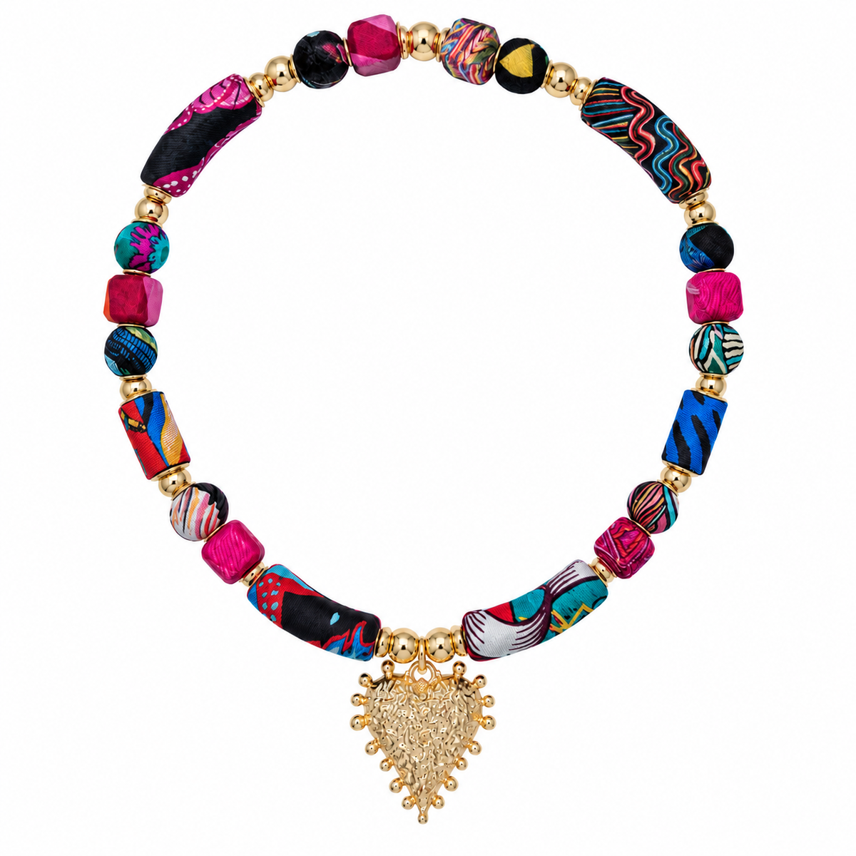 Collar Cilindro Seda Centro Corazón Dorado