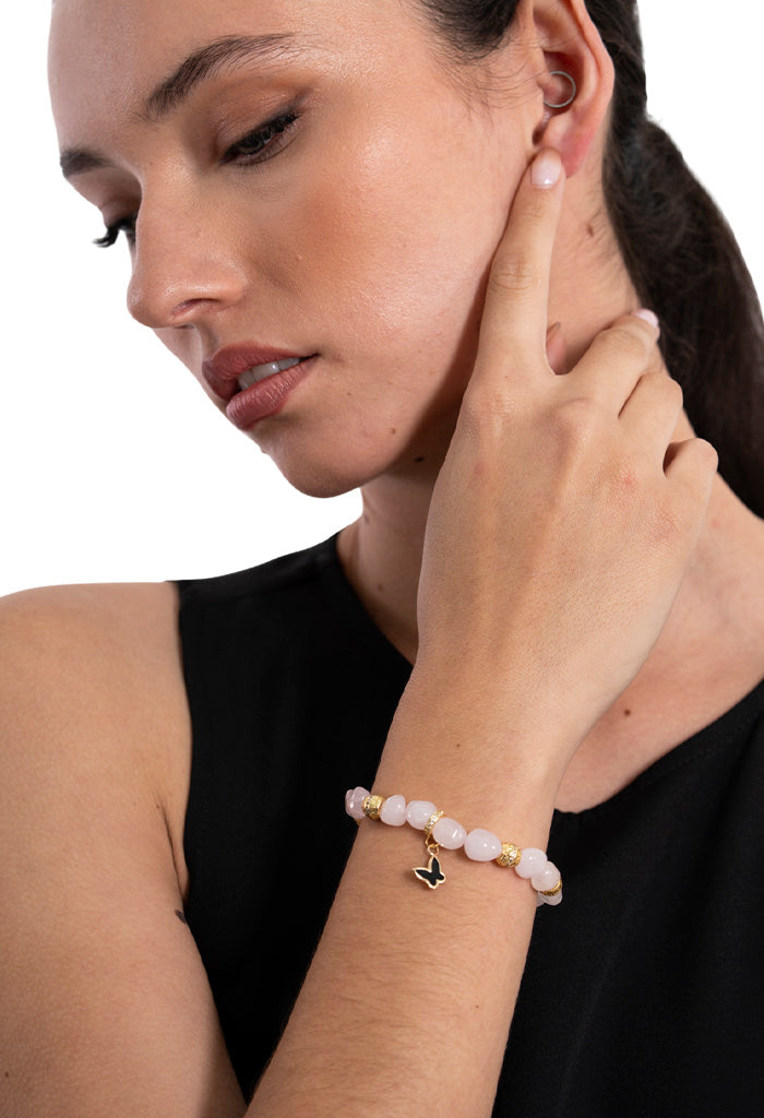 Pulsera Mariposa Cuarzo Rosa Elementos Dorados