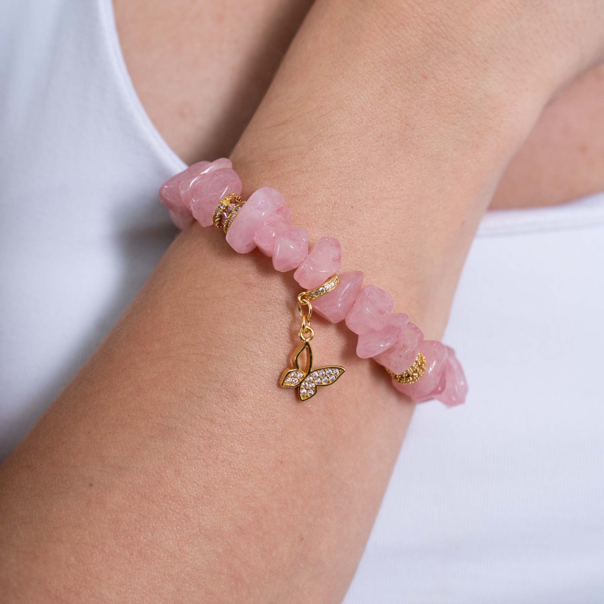 Pulsera Cuarzo Rosa Dije Mariposa