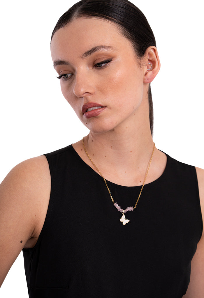 Collar Cuarzo Rosa Dije Mariposa Blanco