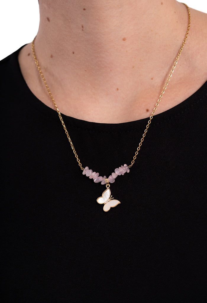 Collar Cuarzo Rosa Dije Mariposa Blanco