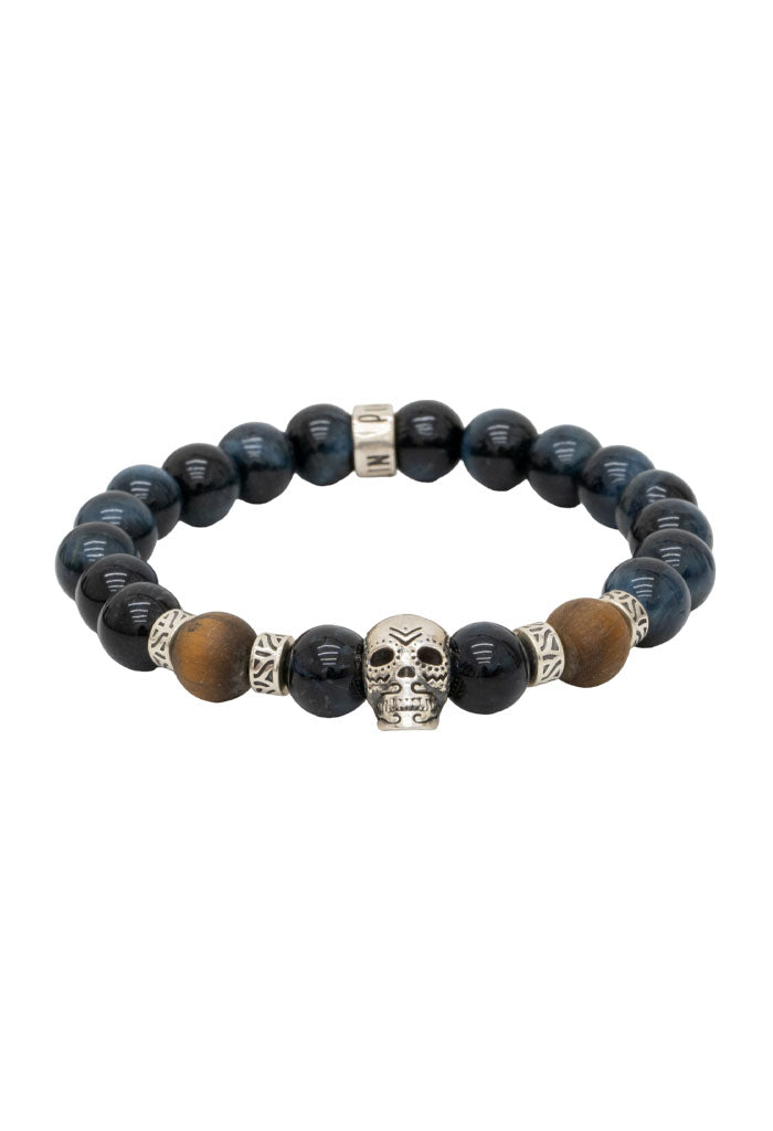 Pulsera Calavera Plata con Ojo de Tigre Azul 21 cm