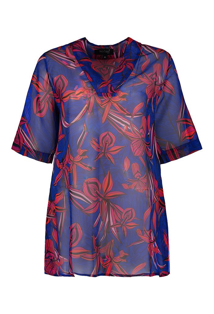 Vestido Soyatl Corto Orquídeas Marino