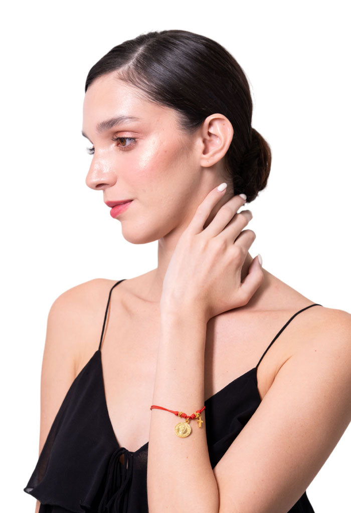 Pulsera Cuero Rojo Cruz & Virgen