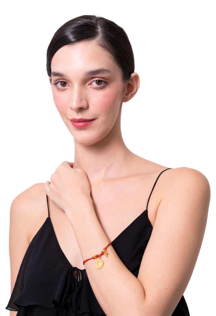 Pulsera Cuero Rojo Cruz & Virgen