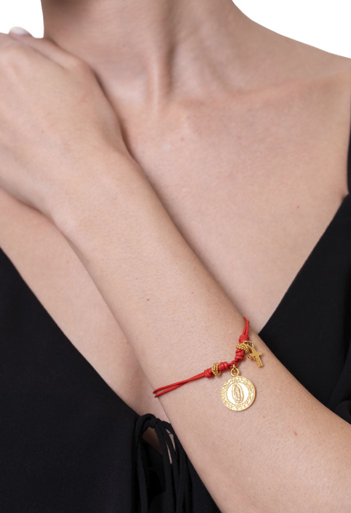Pulsera Cuero Rojo Cruz & Virgen