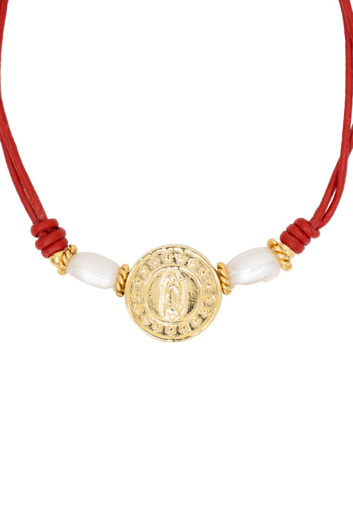 Pulsera Cuero Rojo 2 Perlas Virgen Baño Oro