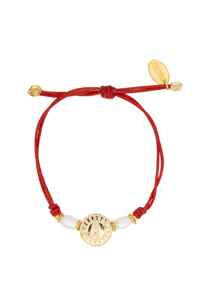 Pulsera Cuero Rojo 2 Perlas Virgen Baño Oro