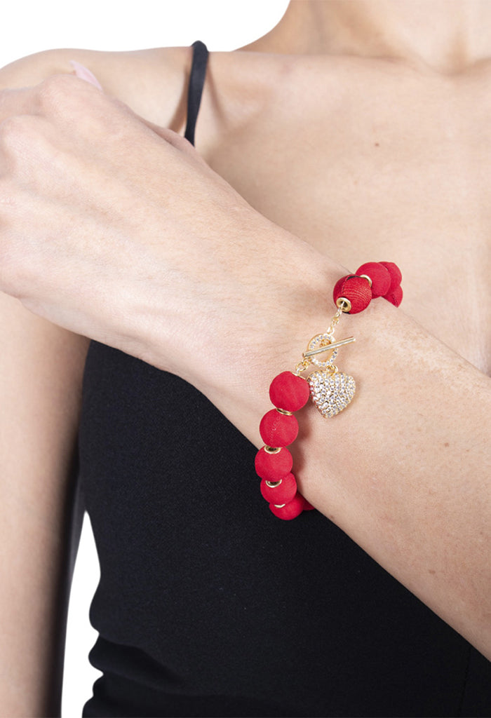 Pulsera Bolitas Seda Corazon Cristales