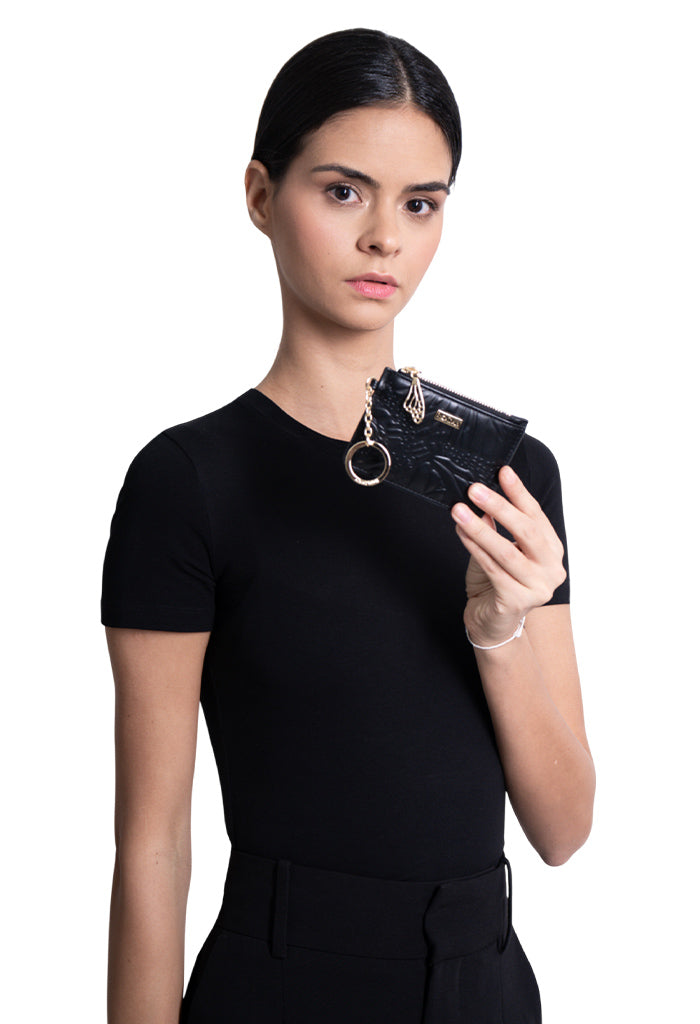 Tarjetero c/llavero Neek de Piel Grabado Mariposa