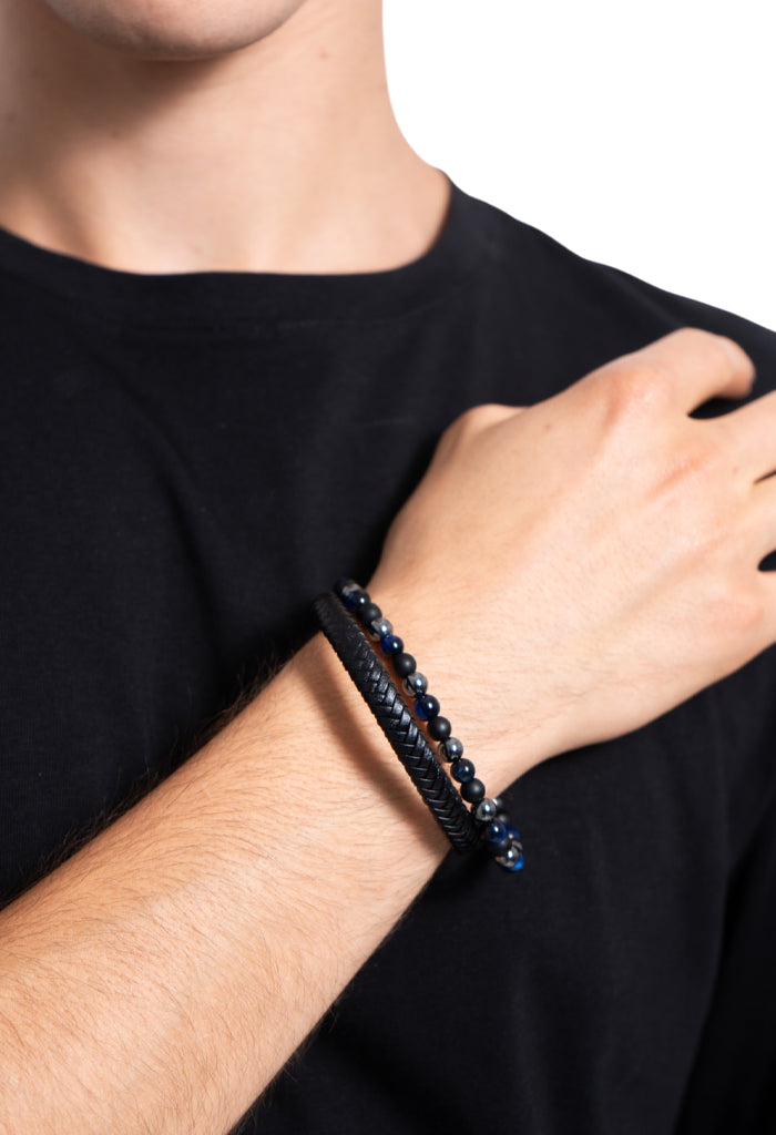Pulsera doble Piel negra Ojo de Tigre