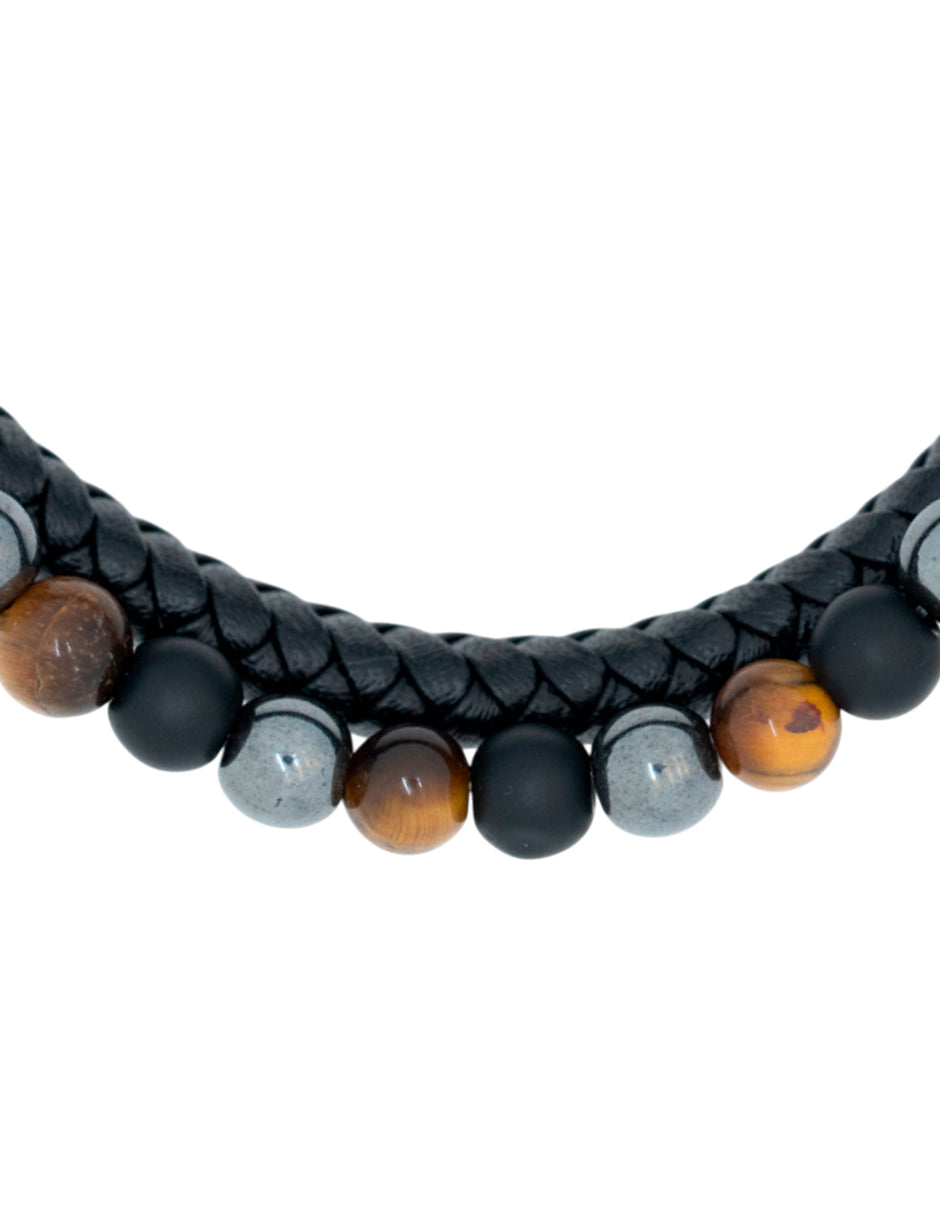 Pulsera doble Piel negra Ojo de Tigre