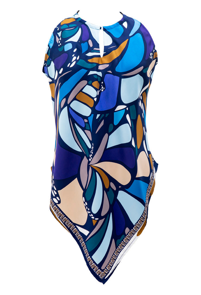 Blusa Cuello Ajustable Mariposa Abstracta Azul Acero