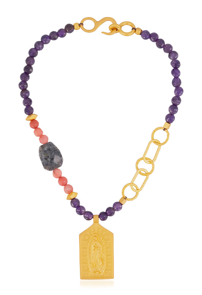 Collar Virgen de Guadalupe Piedras Morado con Rosa