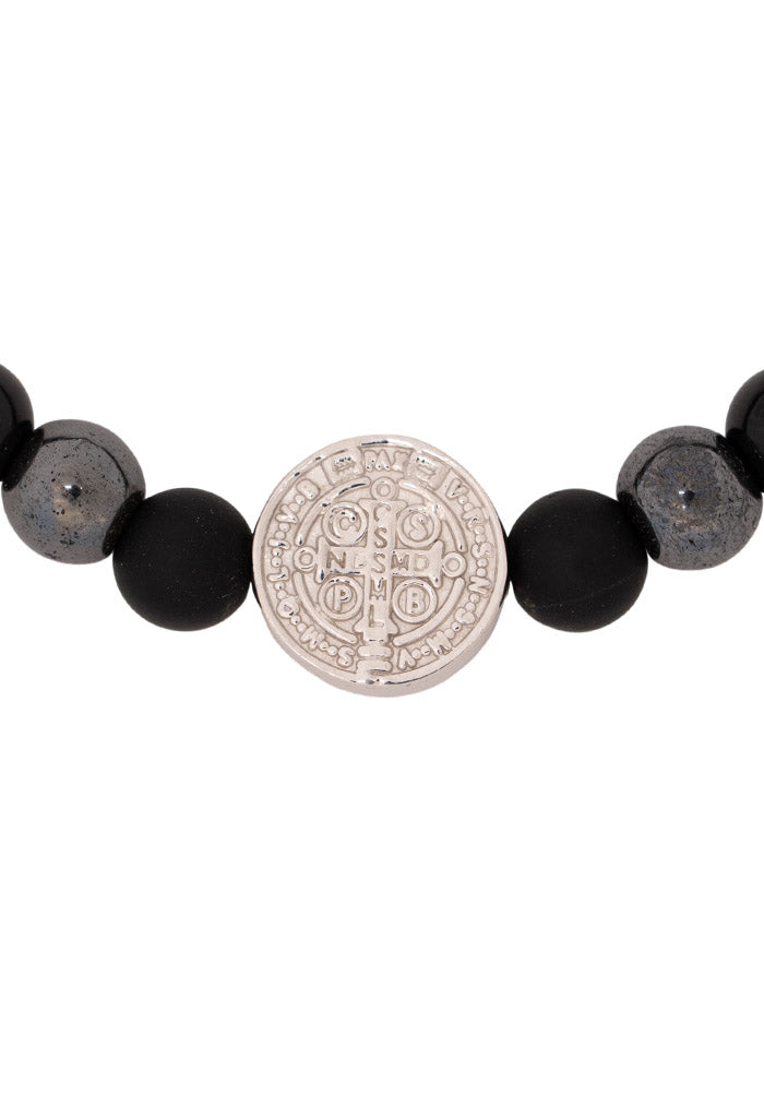 Pulsera San Benito Onix Hematita Baño Rodio