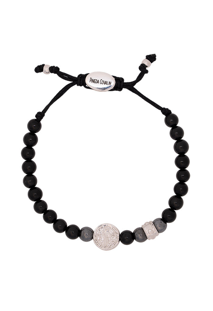 Pulsera San Benito Ónix Hematita Separador Baño Rodio