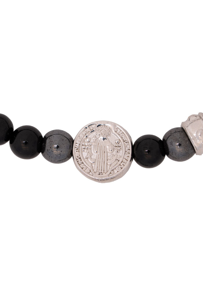 Pulsera San Benito Ónix Hematita Separador Baño Rodio