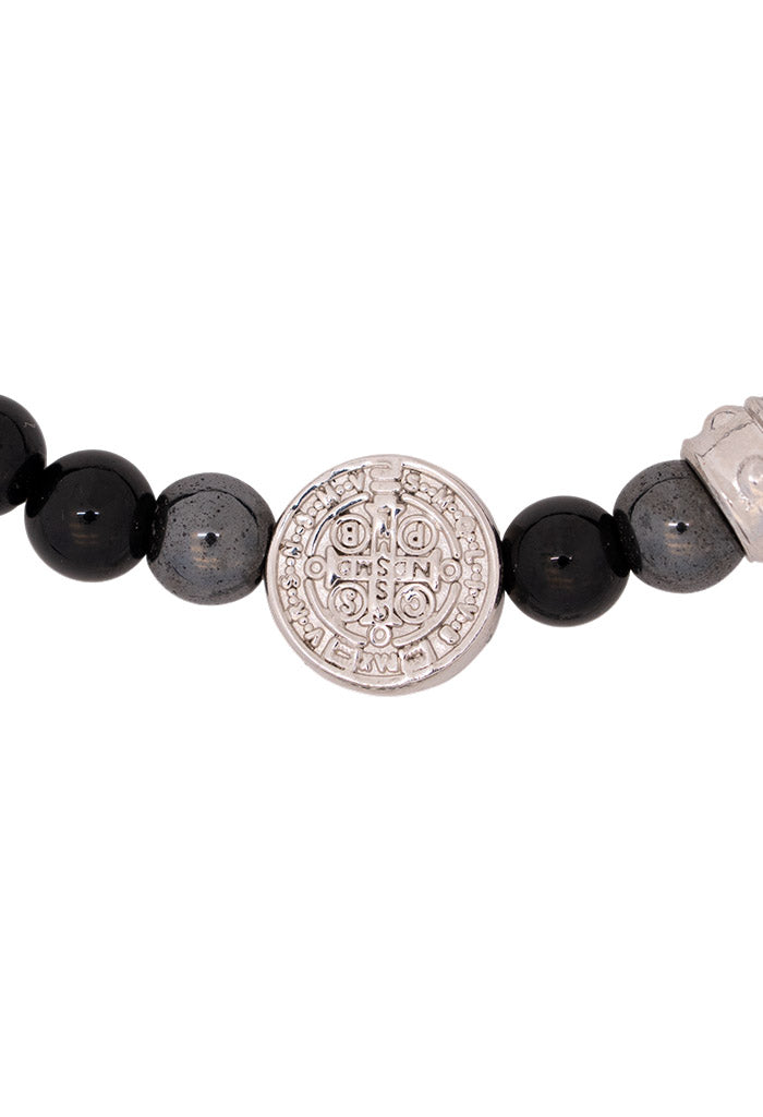 Pulsera San Benito Ónix Hematita Separador Baño Rodio