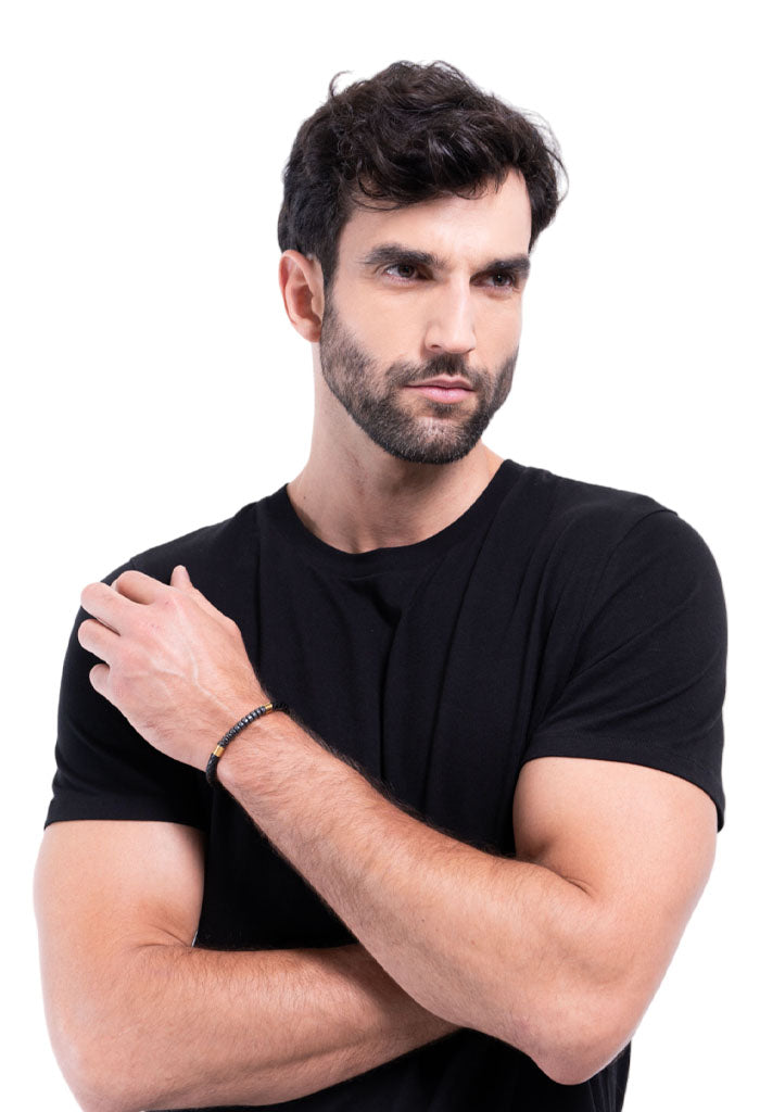 Pulsera Piel Acero Inoxidable y Hematitas
