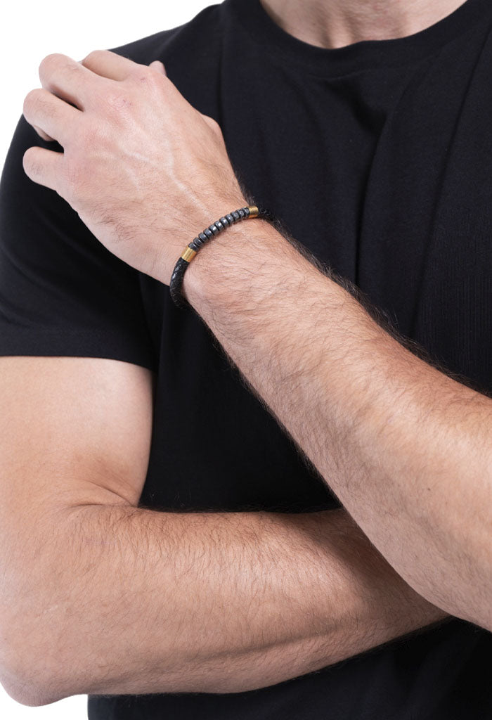 Pulsera Piel Acero Inoxidable y Hematitas