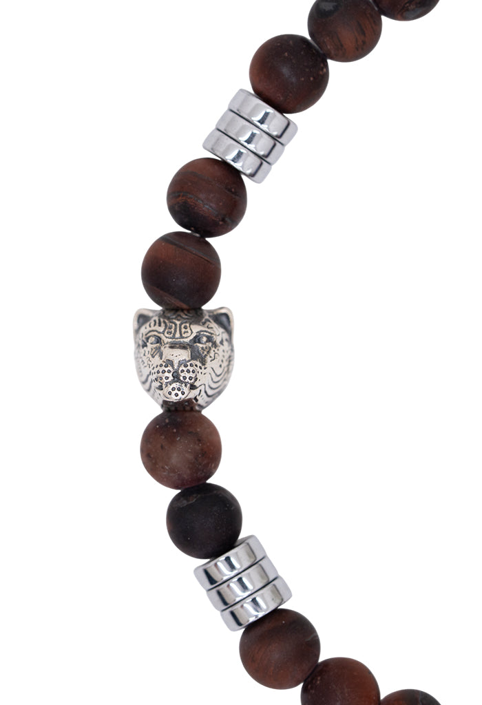 Pulsera Dualidad Cabeza De Jaguar Ojo De Tigre Rojo