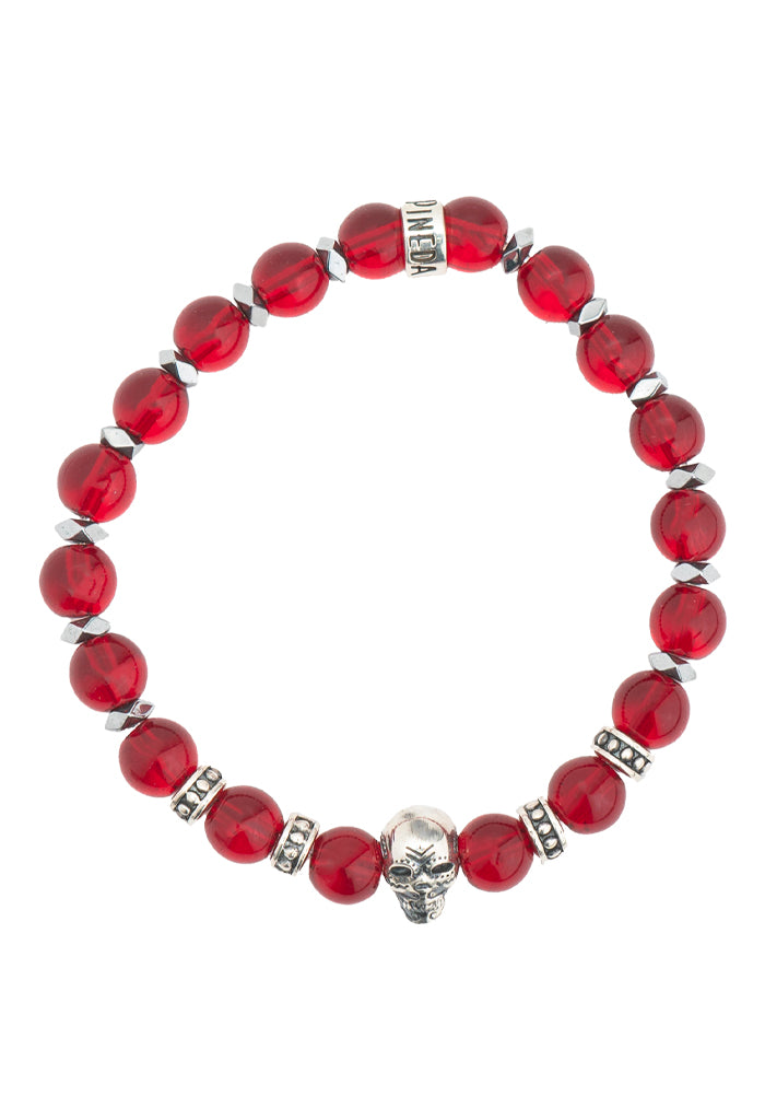 Pulsera Dije Calavera Plata Piedras Rojas