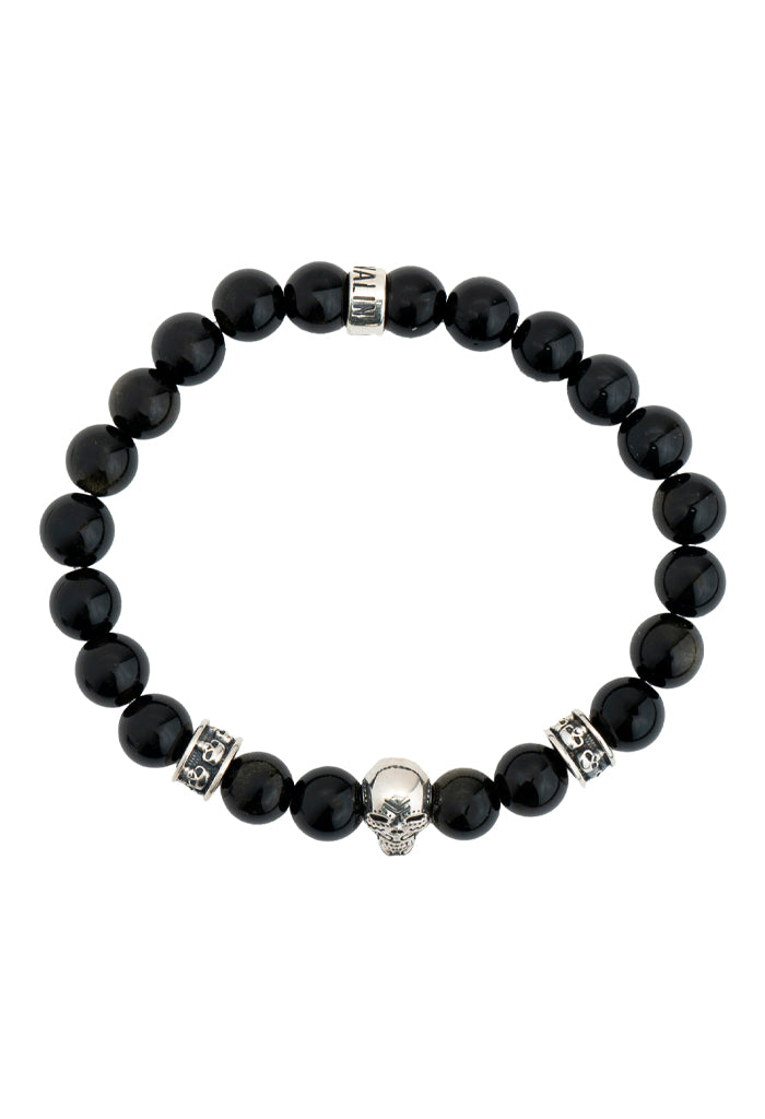 Pulsera Obsidiana Dije Calavera Plata