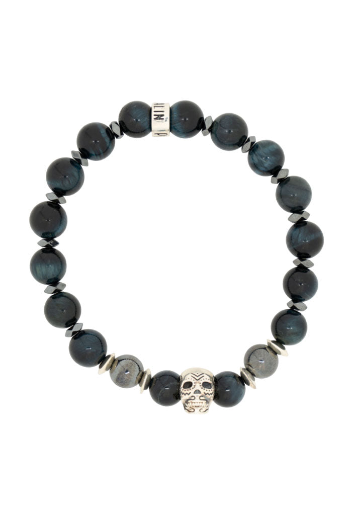 Pulsera Hematita Azul con Dije Calavera Plata