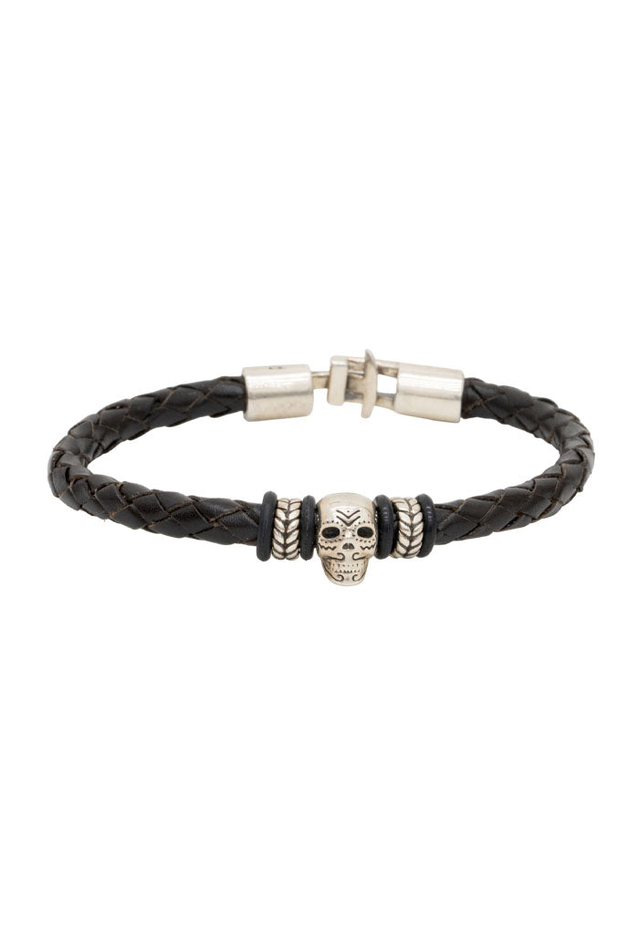 Pulsera Piel Café Dije Calavera Plata