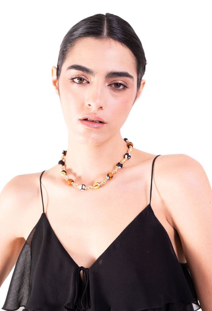 Collar Bolitas Seda Chapa Oro  Mariposa Monarca