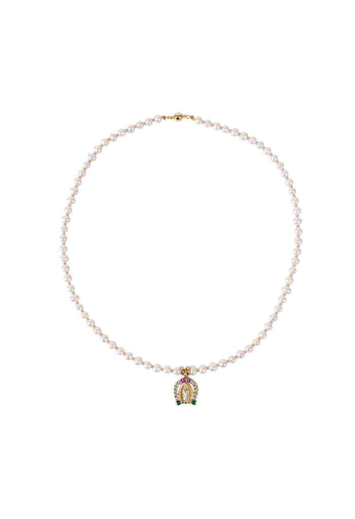 Collar Perlas Dije Virgen Y Cristales