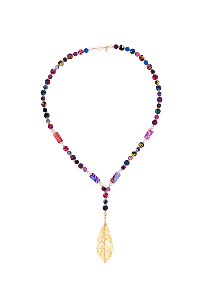 Collar Largo Elementos Seda Dije Hoja Chapa Oro Mini Perlas