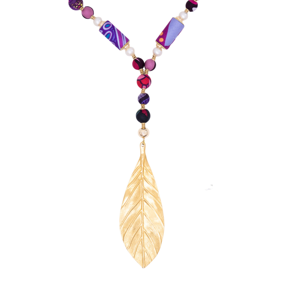 Collar Largo Elementos Seda Dije Hoja Chapa Oro Mini Perlas