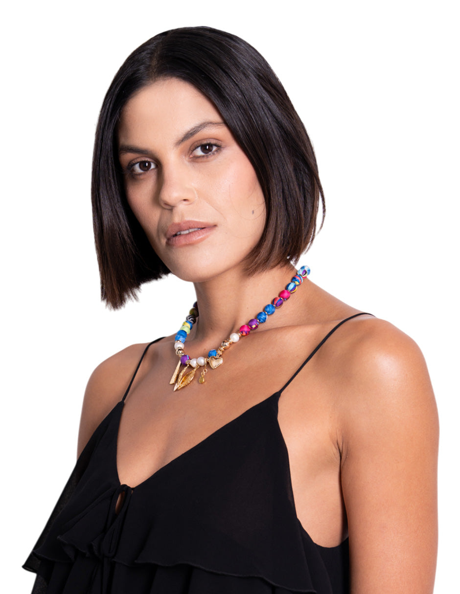 Collar Redondo Bolitas Seda Dijes De Libertad