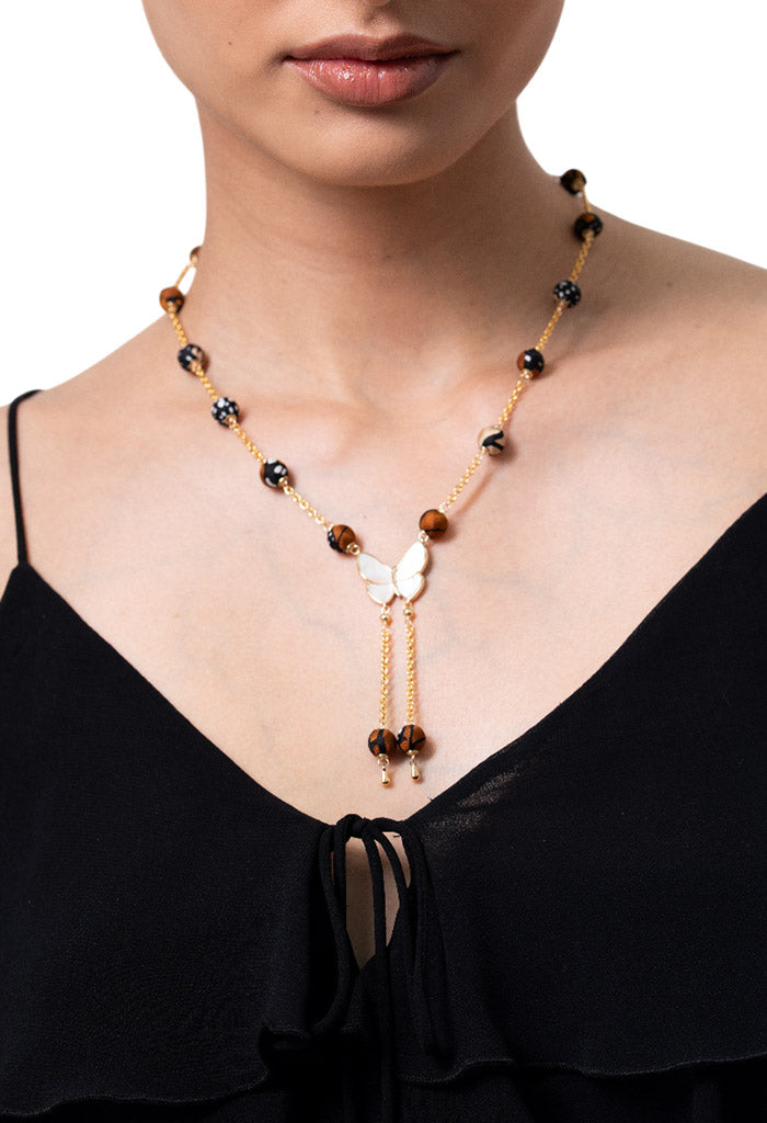 Collar Mini Bolitas Seda Mariposa Monarca Madre Perla