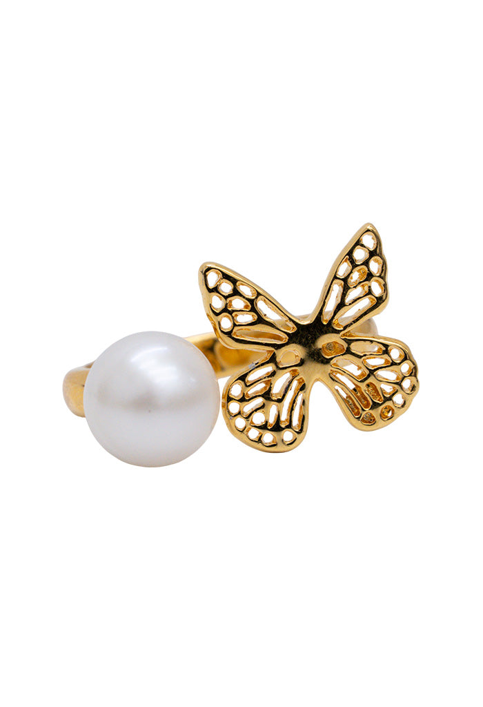 Anillo Unitalla Mariposa Monarca Perla Baño Oro