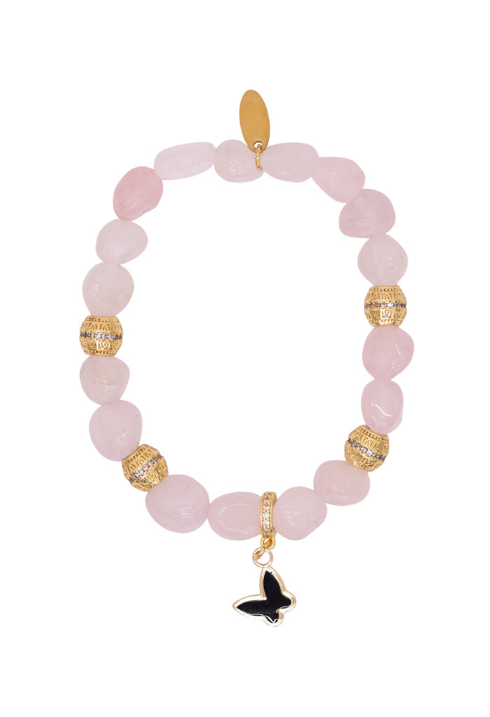 Pulsera Mariposa Cuarzo Rosa Elementos Dorados
