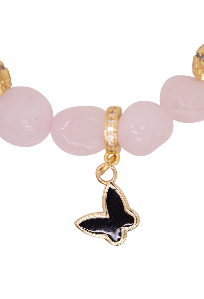 Pulsera Mariposa Cuarzo Rosa Elementos Dorados
