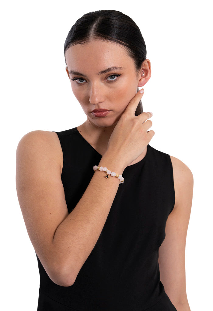Pulsera Mariposa Cuarzo Rosa Elementos Dorados