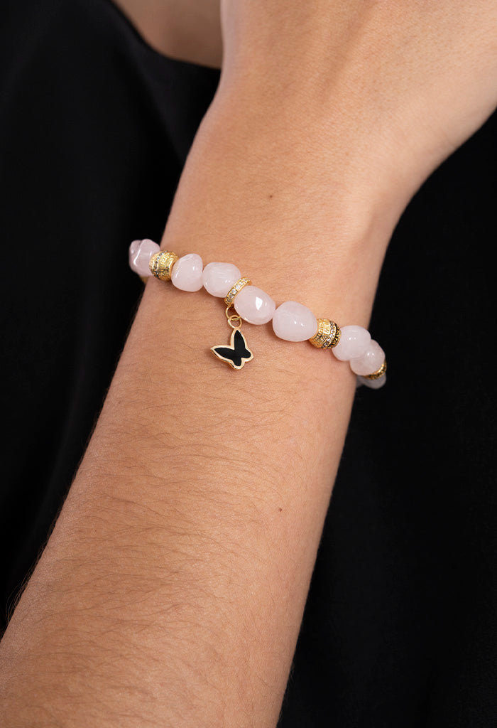 Pulsera Mariposa Cuarzo Rosa Elementos Dorados