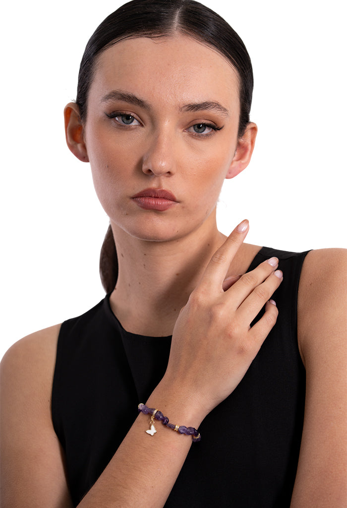 Pulsera Mariposa Blanca Amatista Morado
