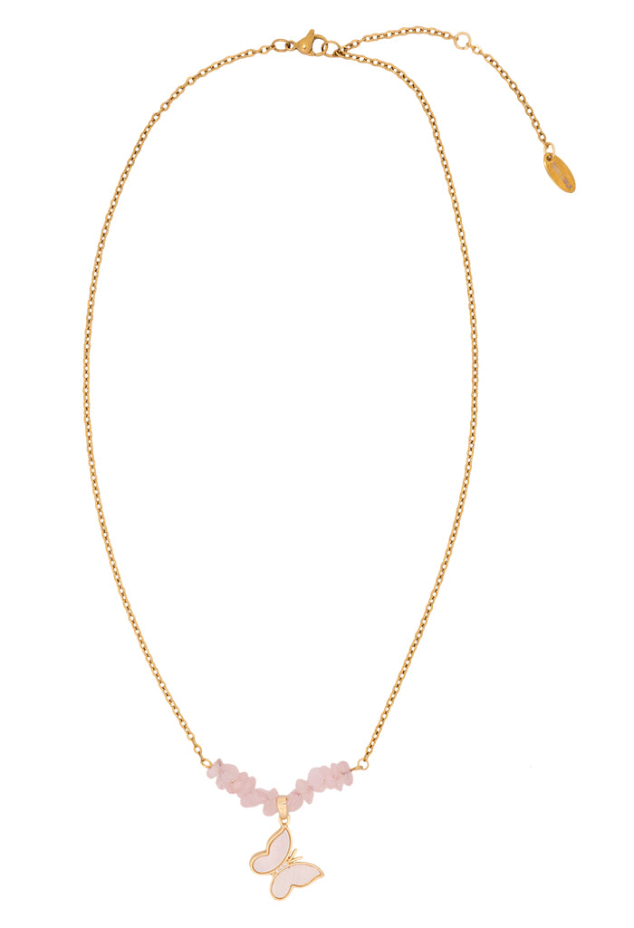 Collar Cuarzo Rosa Dije Mariposa Blanco